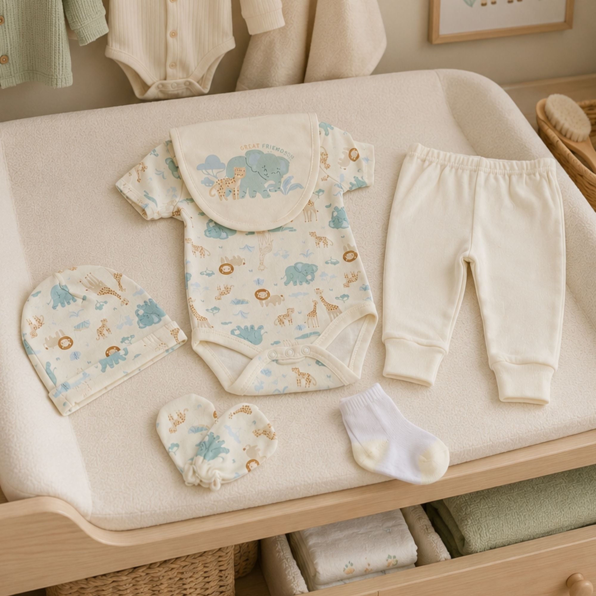 Great Friends baby clothes set with safari print bodysuit, trousers, hat, bib, mitts and socks in soft neutral tones.