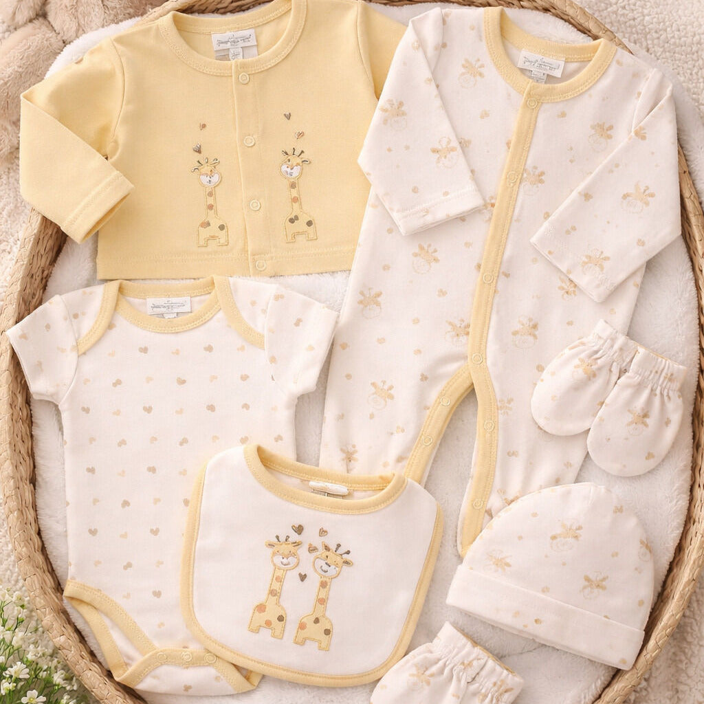 Yellow and white 6 piece unisex baby clothing set with giraffe print and theme