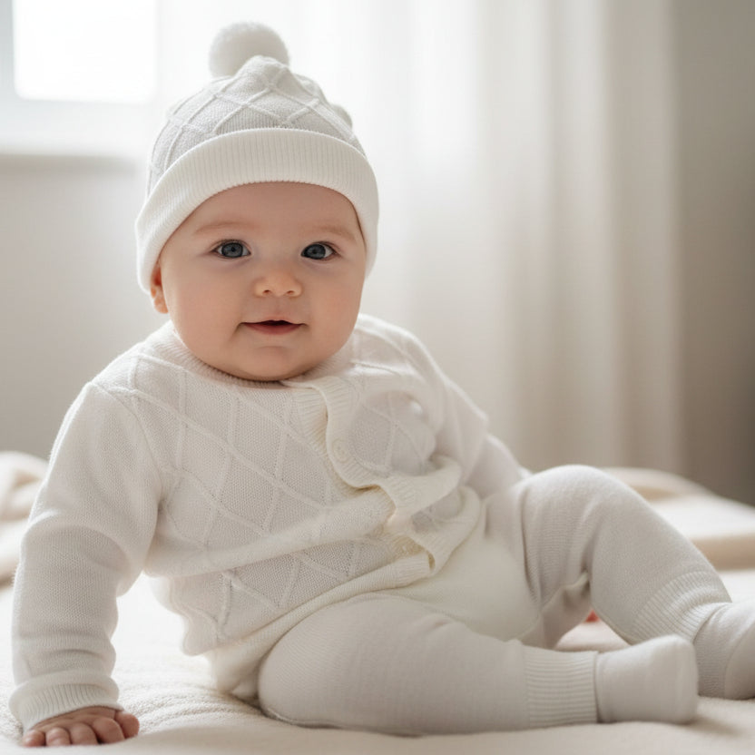 Ivory white knit baby clothes set includes cardigan, leggings & hat