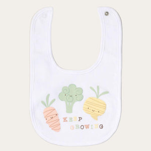 Baby bib with cartoon vegetables and text