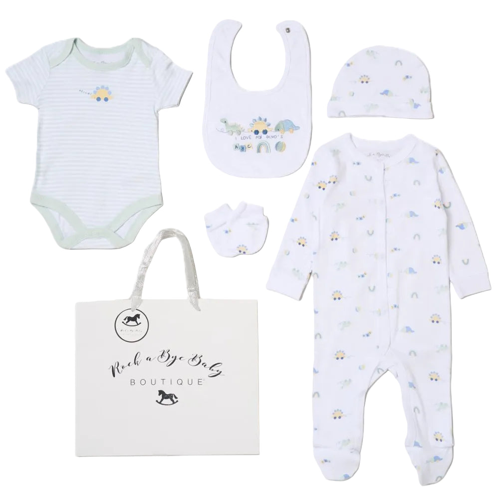 baby dinosaur clothing gift  set with bodysuit bib hat mittens and sleepsuit