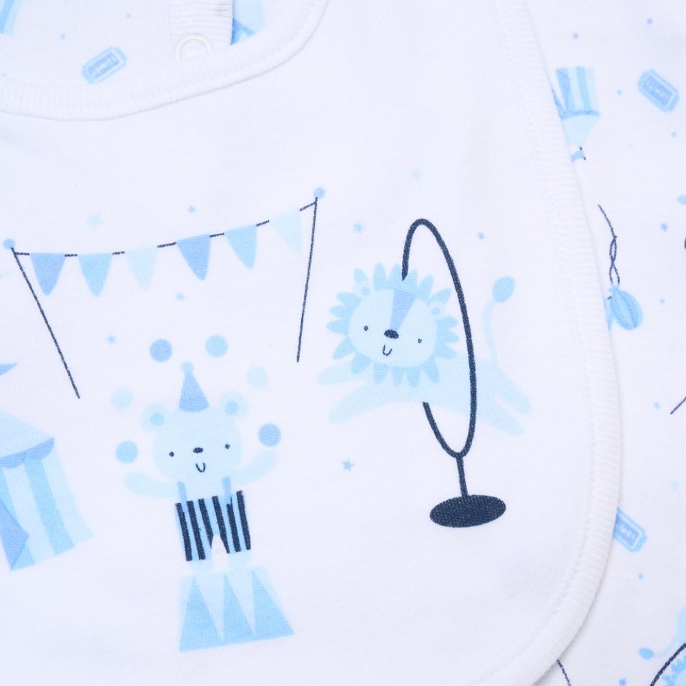 Baby boy blue circus 5 piece clothing set with sleepsuit, bib, hat and mittens