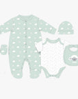 baby clothing set in mint green with sheep