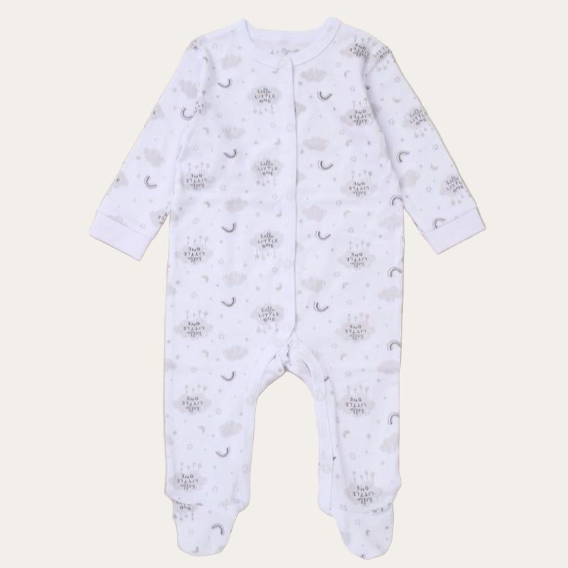 Soft white baby sleepsuit with moon and stars print