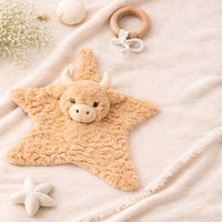 Soft highland cow newborn baby comforter toy, star shaped plush brown cuddly toy with cow head