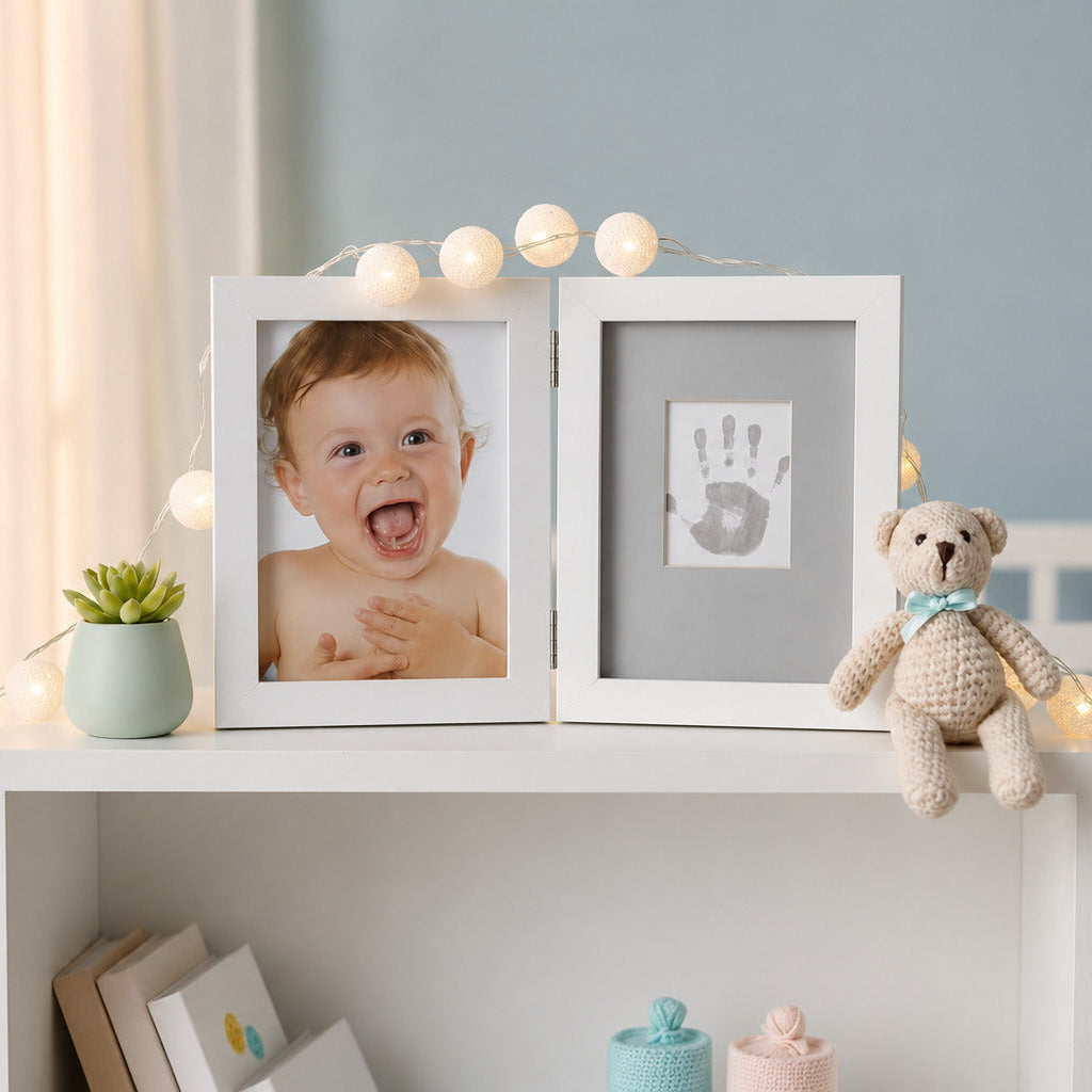 White baby Photo Frame with photograph and handprint display