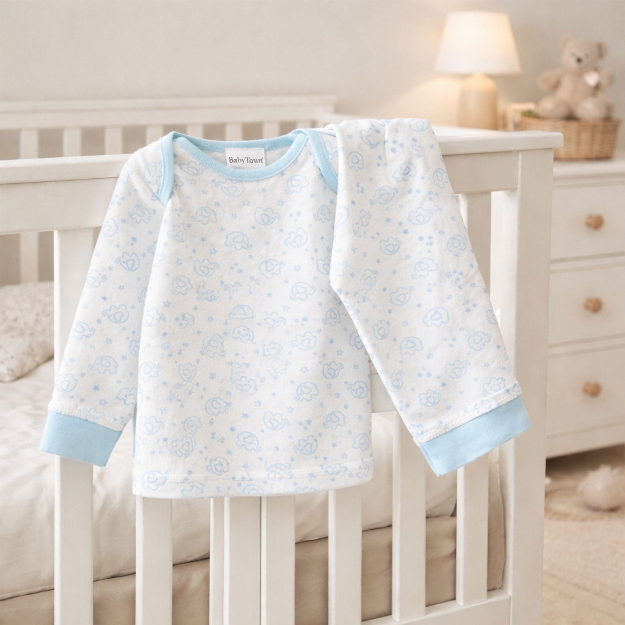 Blue and white elephant baby pyjamas set
