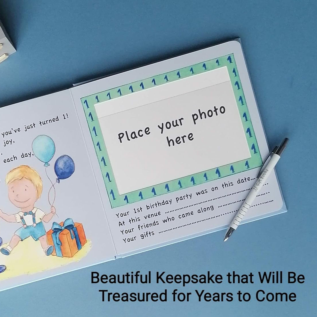 First Christmas page in memory book with festive illustrations