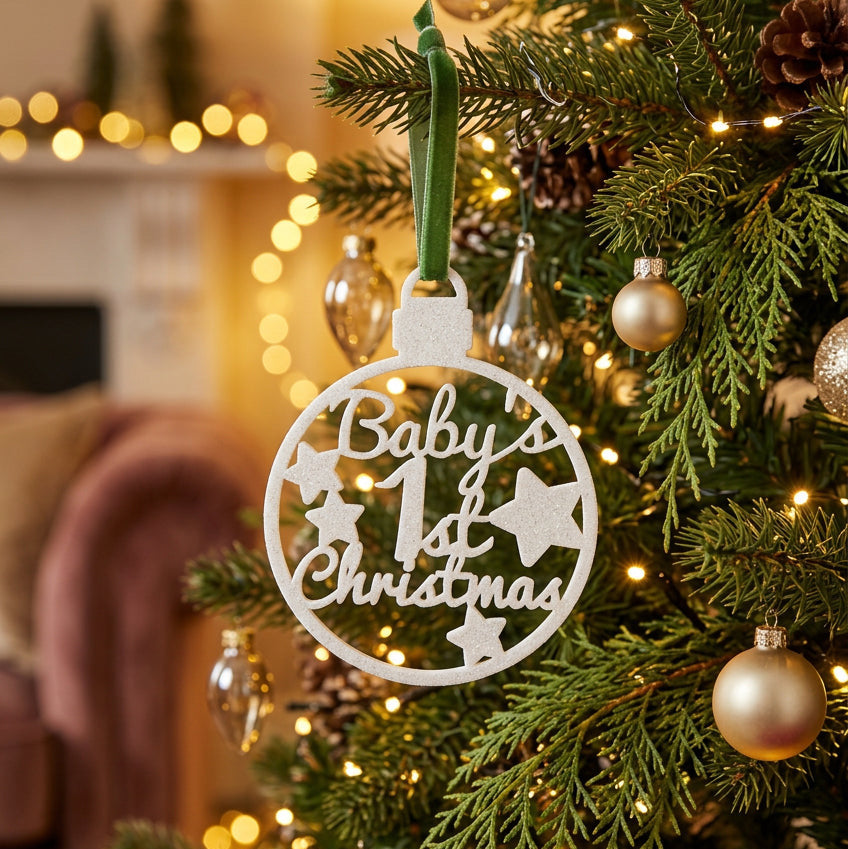Circular Baby's 1st Christmas openwork tree decoration with stars, hanging from a green ribbon.