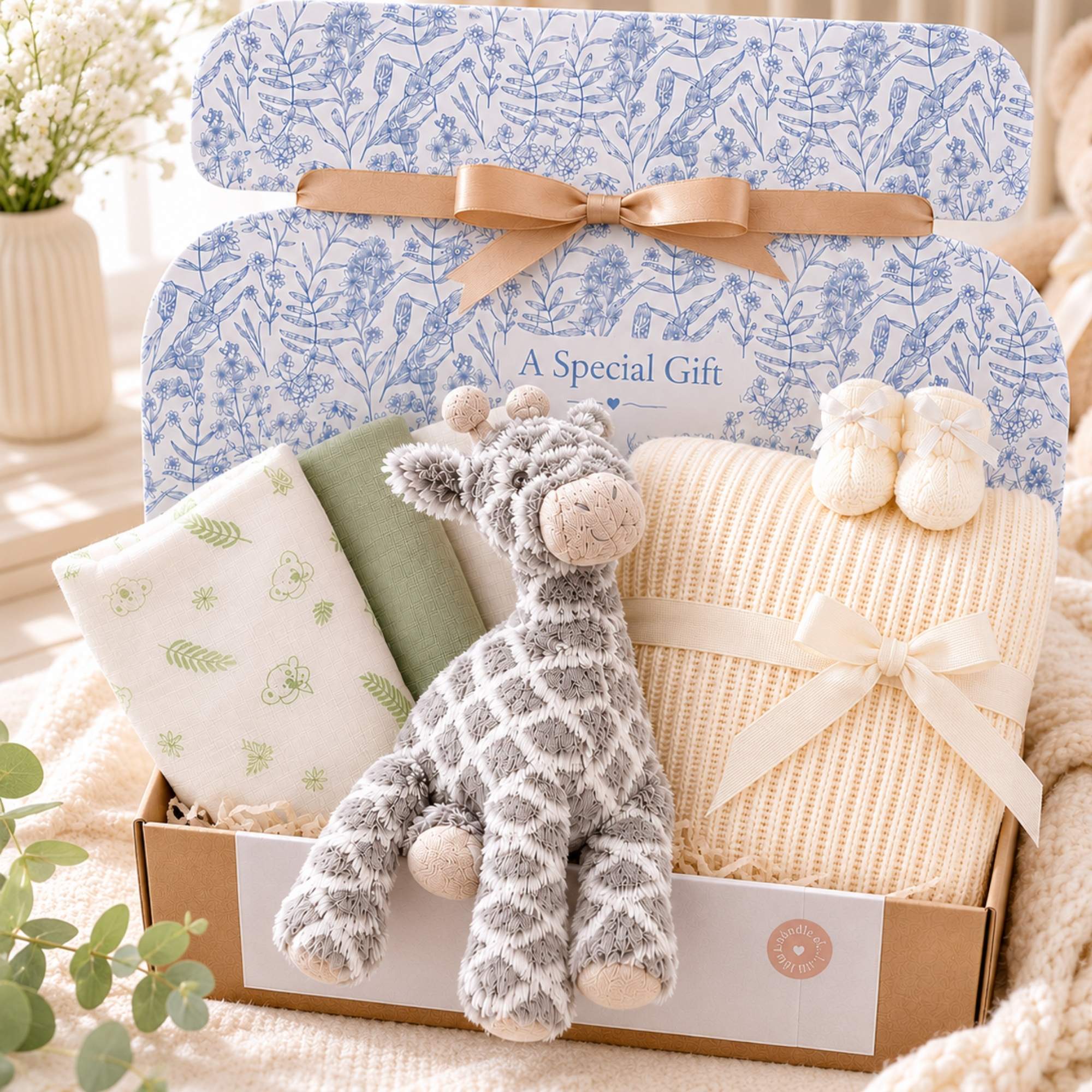 A baby gifts box to welcome a new baby. This hamper gift includes a grey giraffe soft toy and cream baby blanket.