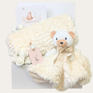 Gorgeous cream baby gifts box with matching soft baby blanket and teddy bear comforter. Bumbles and Boo.