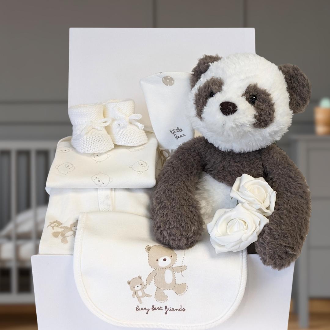 baby gift box with panda soft toy and clothing set