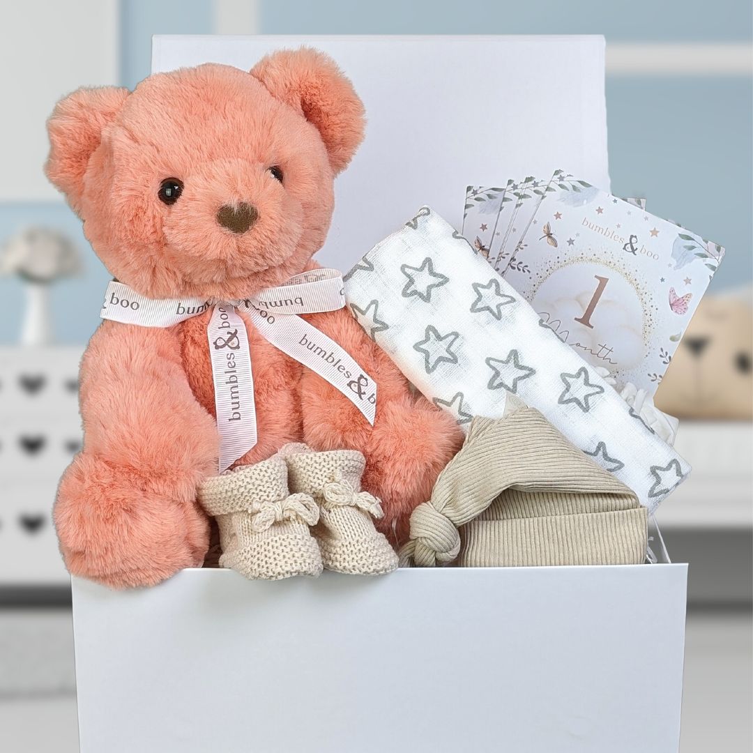 Teddy bear baby gift box in orange and brown.
