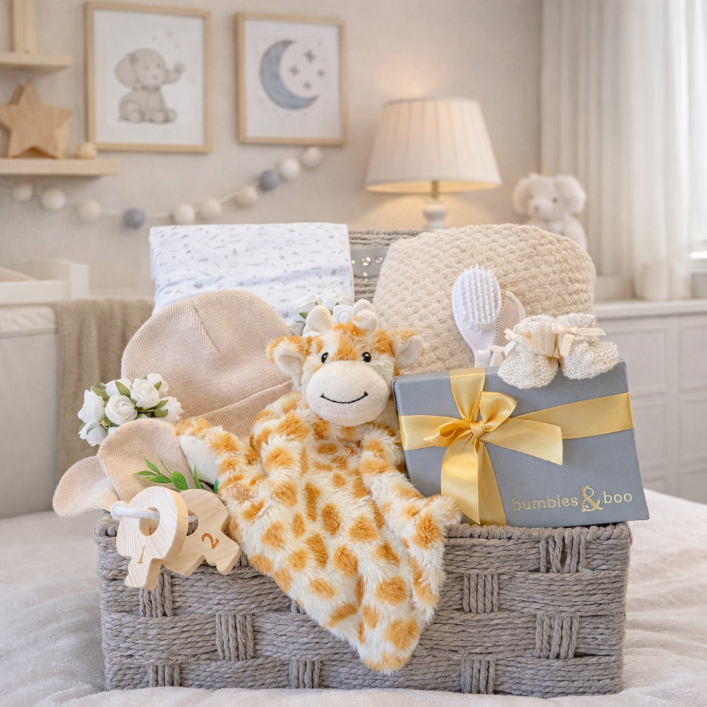 Baby gift hamper basket with plush giraffe, blanket and baby presents for new parents