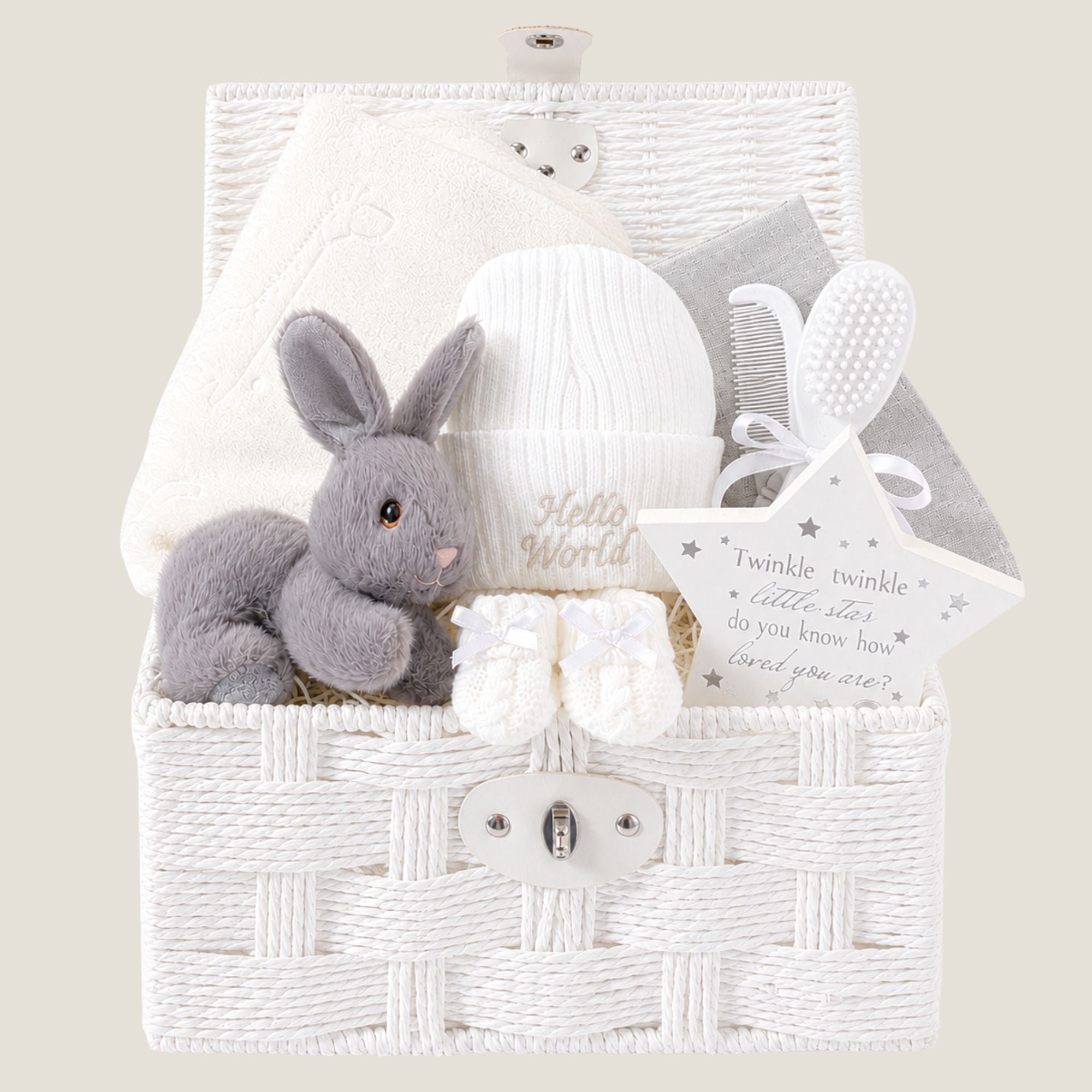 Baby Hamper Basket with gifts including grey bunny rabbit and a white blanket which can be personalised with baby's name.