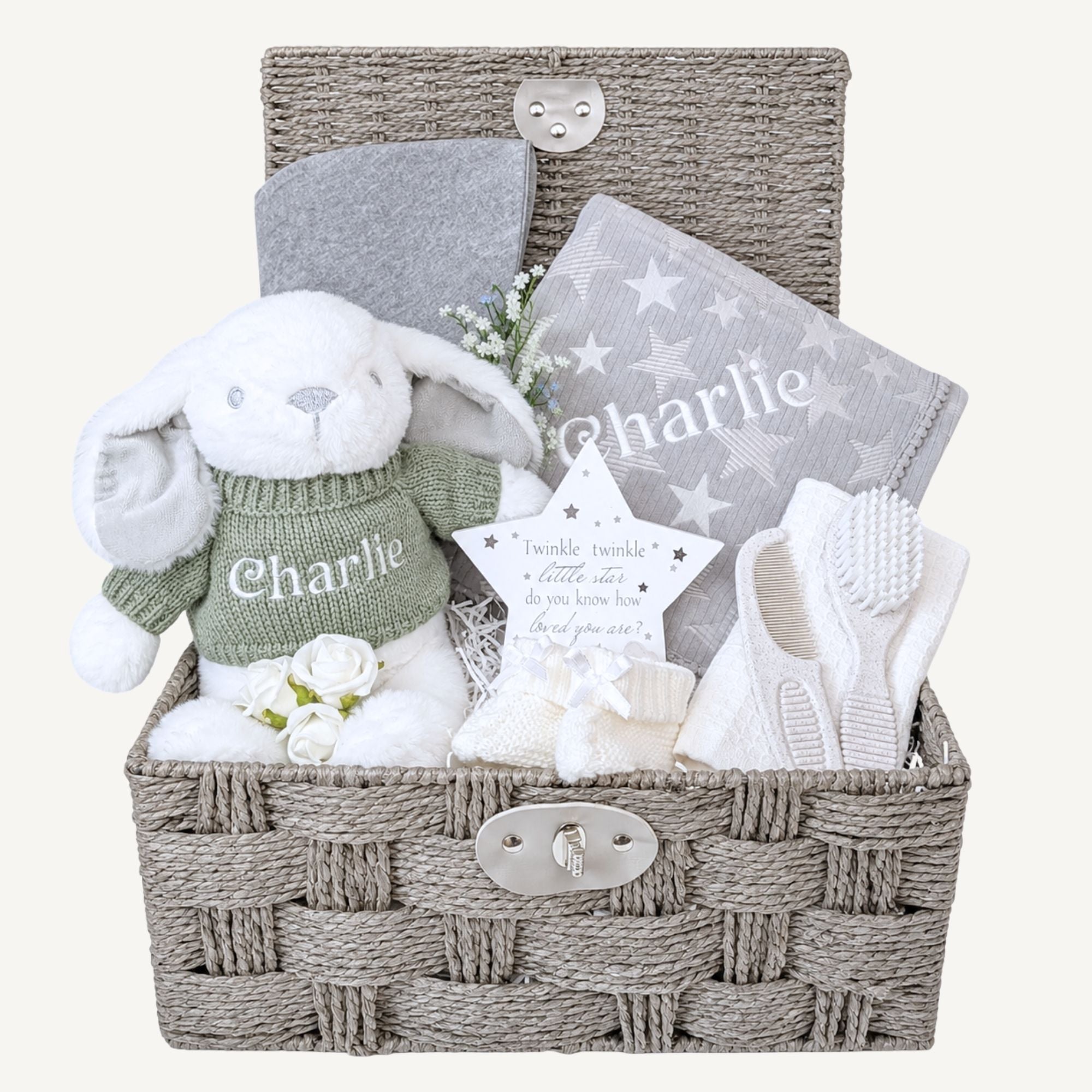 Personalised new baby gifts hamper basket by Bumbles and Boo. Presents include a soft grey blanket and white bunny plush soft toy.