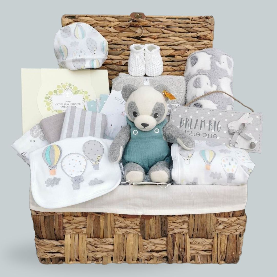 baby hamper filled with baby presents.