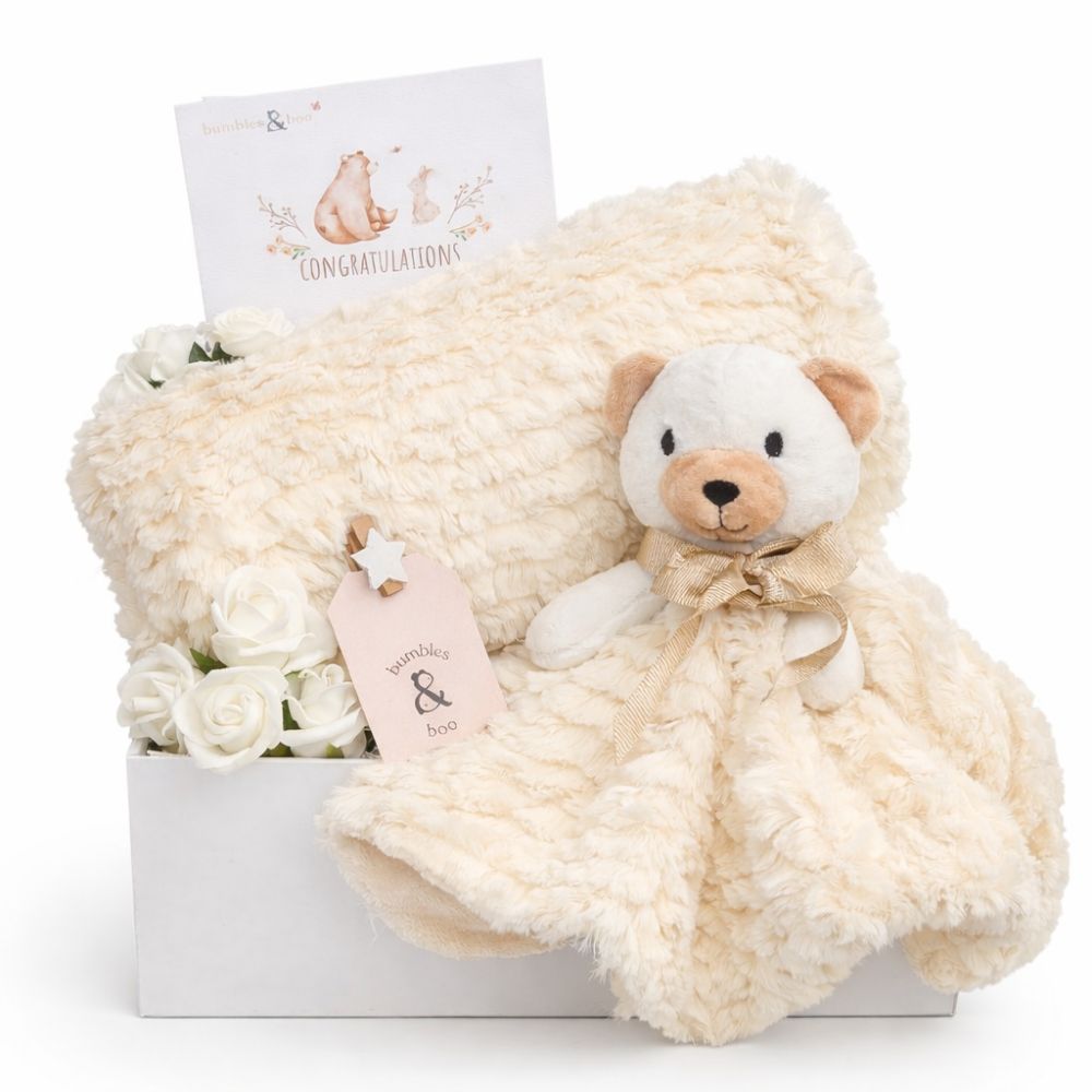 Baby gifts hamper with cream teddy bear comforter 