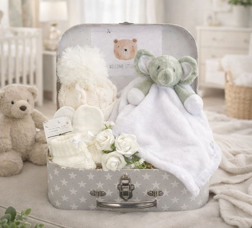 Baby gifts hamper filled with grey and white baby gifts including a plush elephant baby comforter, packed in a keepsake suitcase with white stars.