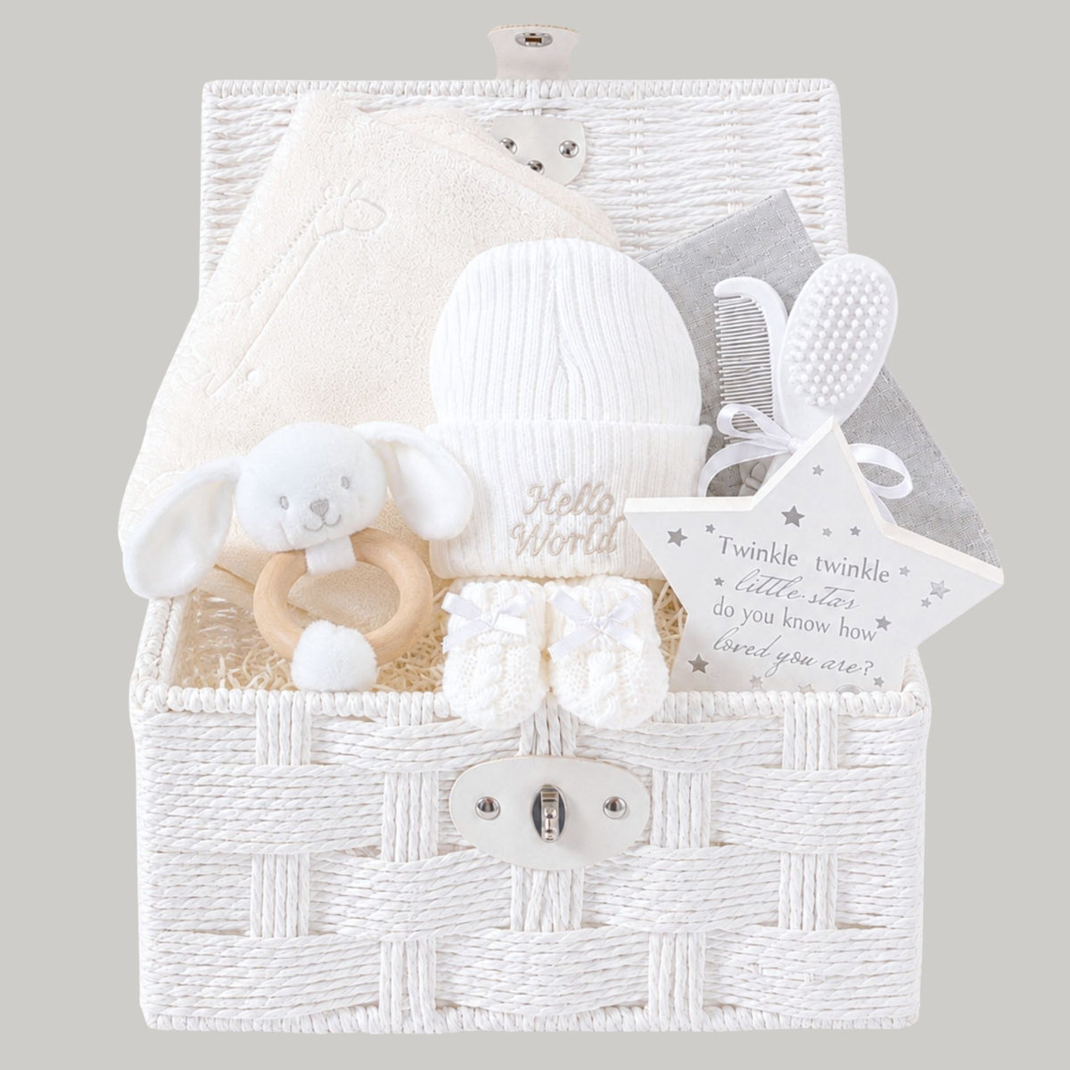 Baby Hamper Basket with gifts including grey bunny rabbit and a white blanket which can be personalised with baby's name.