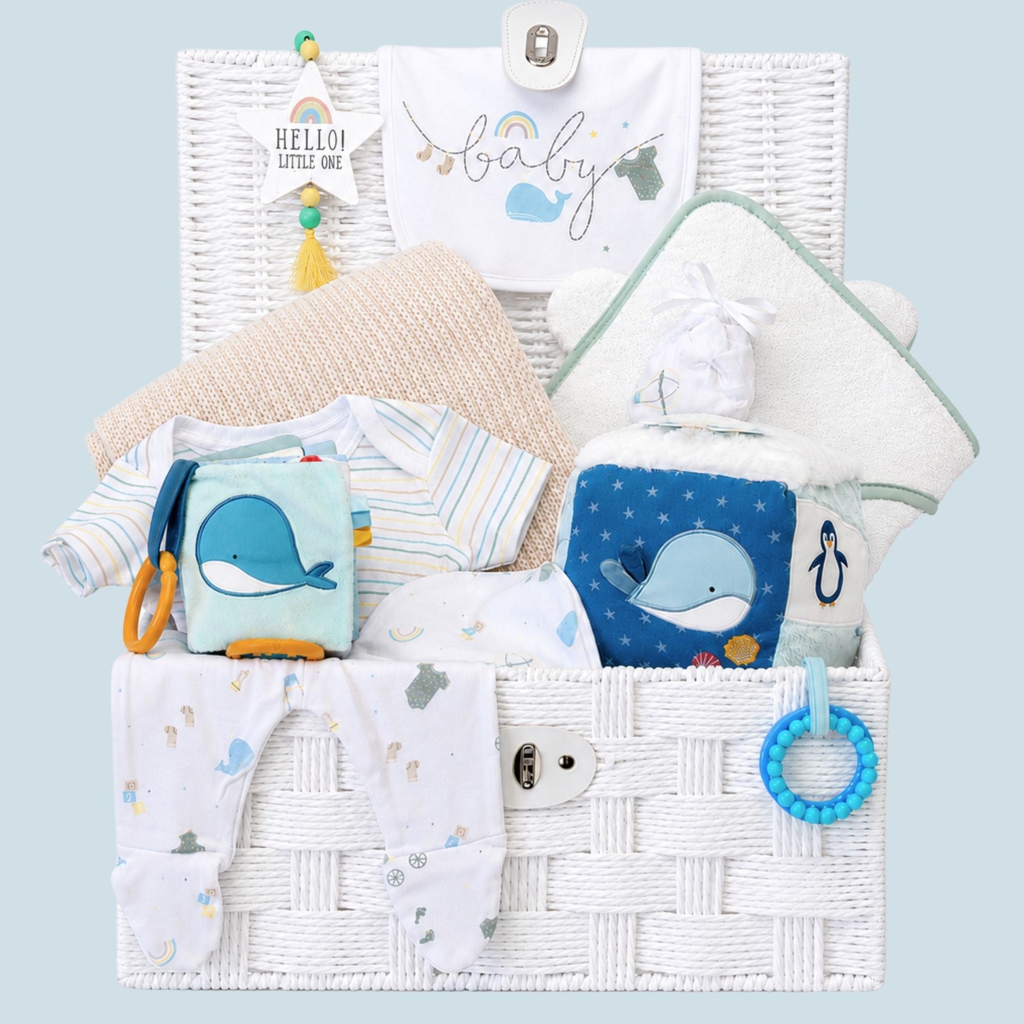 New baby gifts basket with an ocean theme to include clothing set and ocean activity cube