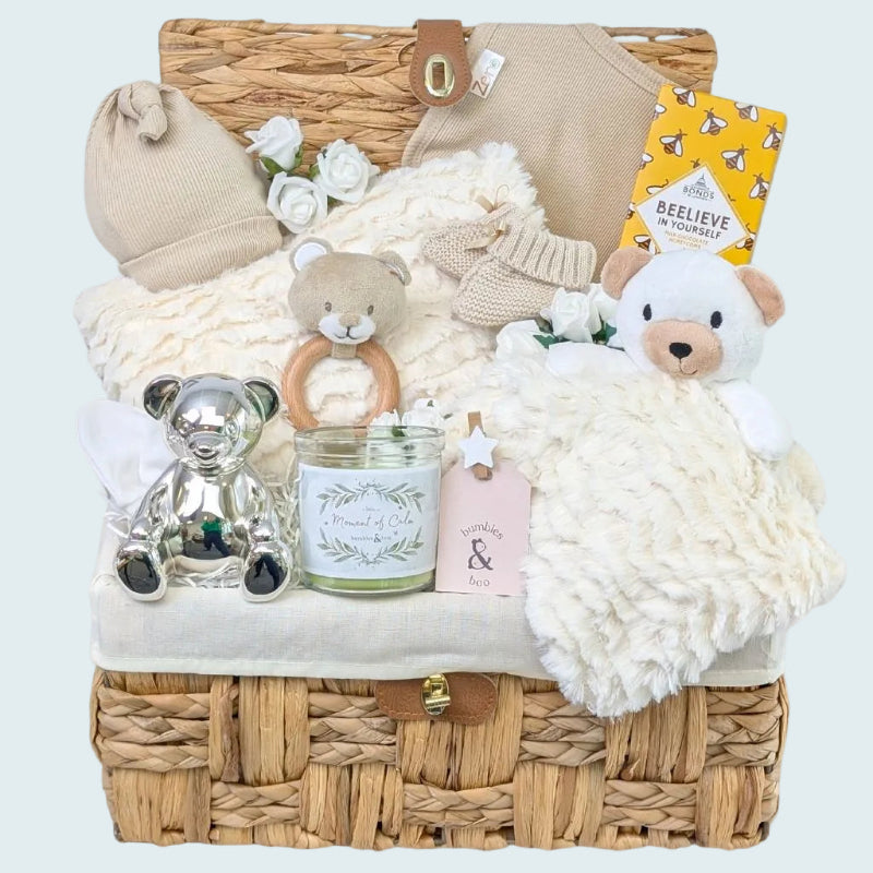 New baby gifts hamper with neutral cream teddy bear theme, full of presents for baby. Bumbles and Boo. 