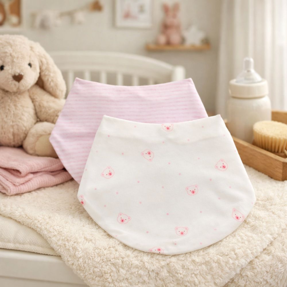 Pink and white organic cotton baby girl bandana bib set