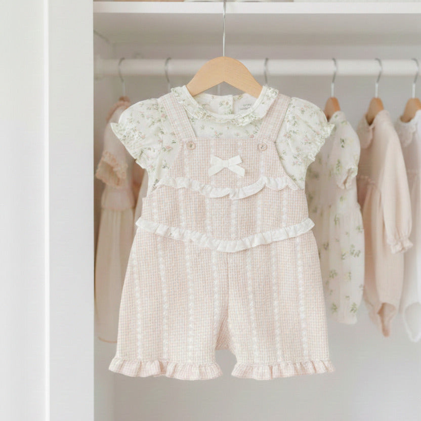 Baby girl beige short dungaree set with floral print top, lightweight two piece baby clothes outfit.