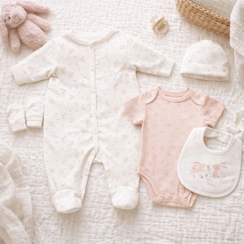 Baby girl peach and white clothing set which says little bunny and has 5 pieces