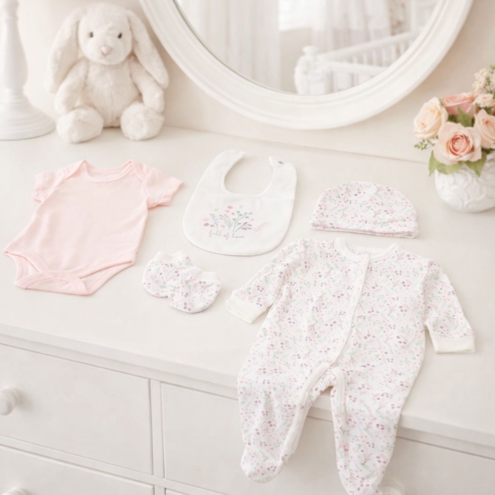 White and pink floral baby girl clothing set which says Little & Loved in embroidery