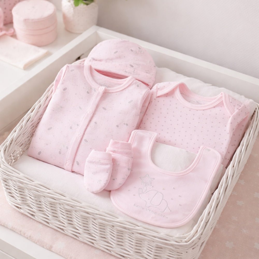 A pink baby girl clothing set with sleepsuit, bib, vest and hat matching set