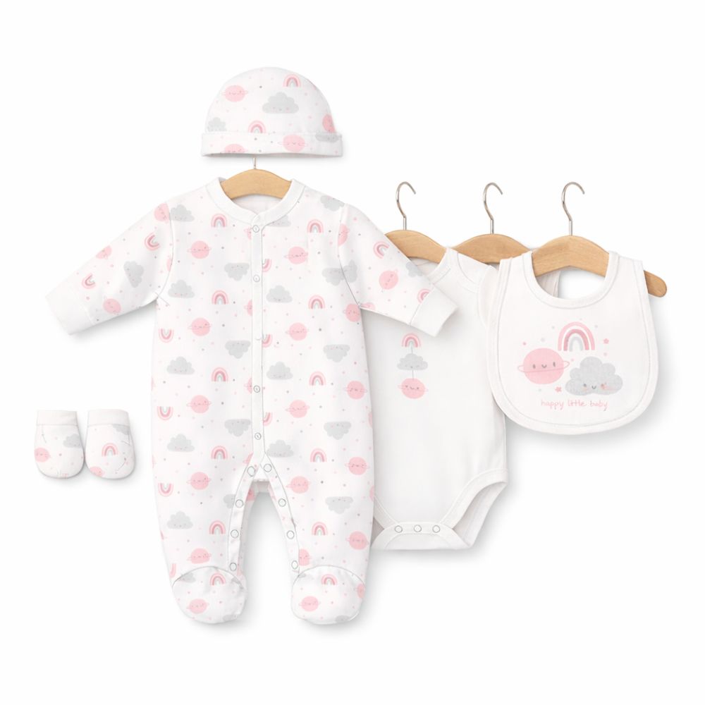 Pink and grey baby girl clothing set with planets and rainbows