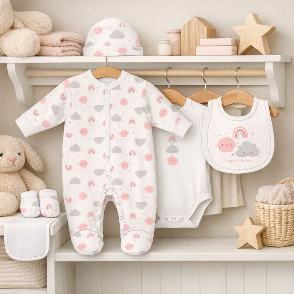 Pink and grey clothing set which is a five piece with planets and a rainbow.