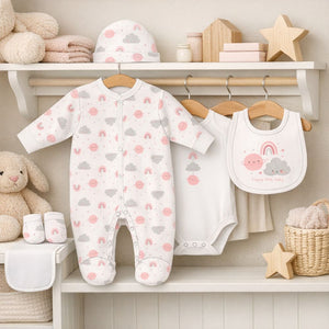 Pink and grey clothing set which is a five piece with planets and a rainbow.