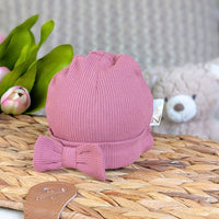 Dusky pink baby bow hat.