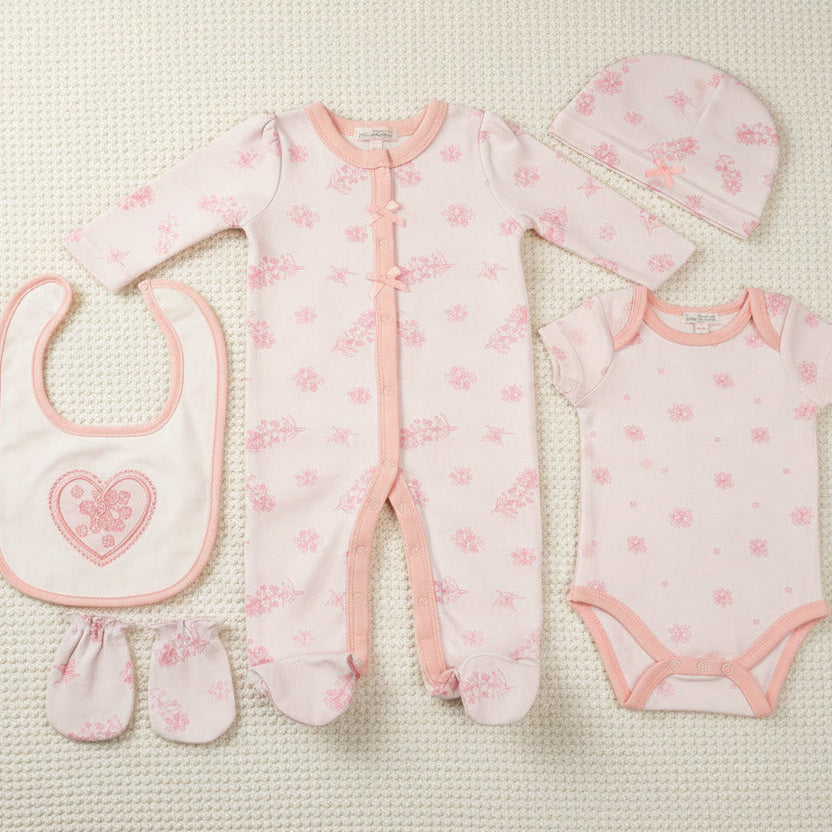 baby girl pink floral cotton clothing set with bib and mittens