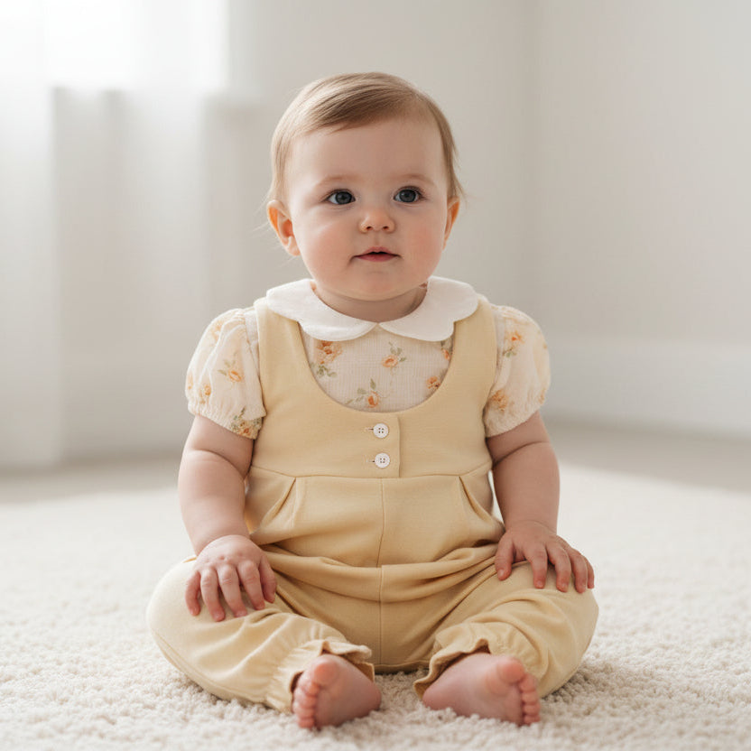 Baby girl floral cotton romper set with beige long romper and short sleeve flower print top, hanging in nursery wardrobe.