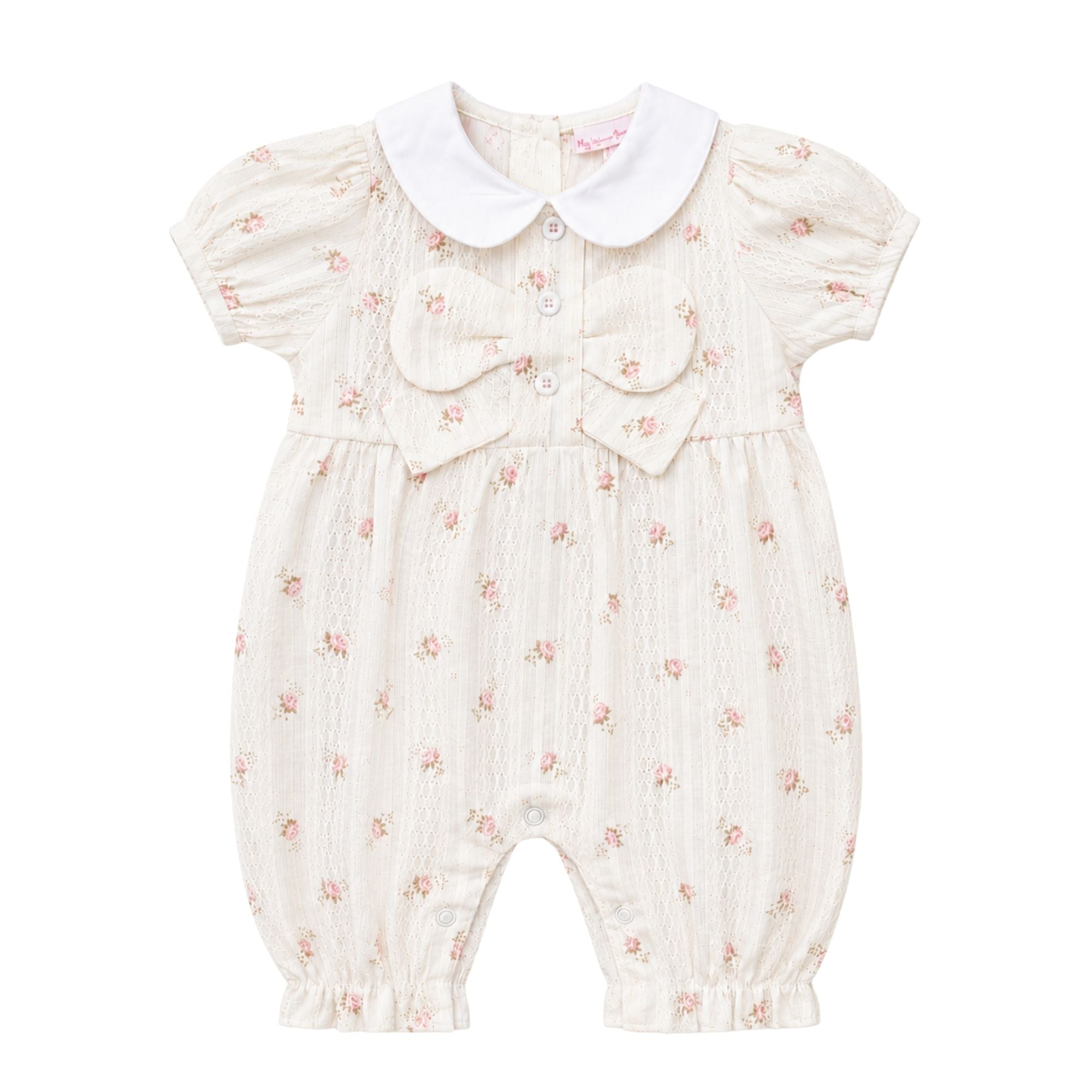 Baby girl beige floral long romper with short sleeves, white collar and bow detail