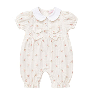 Baby girl beige floral long romper with short sleeves, white collar and bow detail