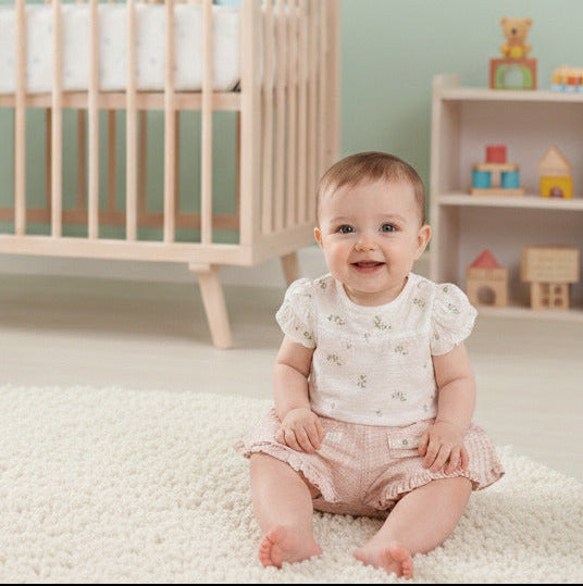 Baby girl floral summer outfit with cream embroidered top and pink gingham shorts, lightweight two piece baby clothes set