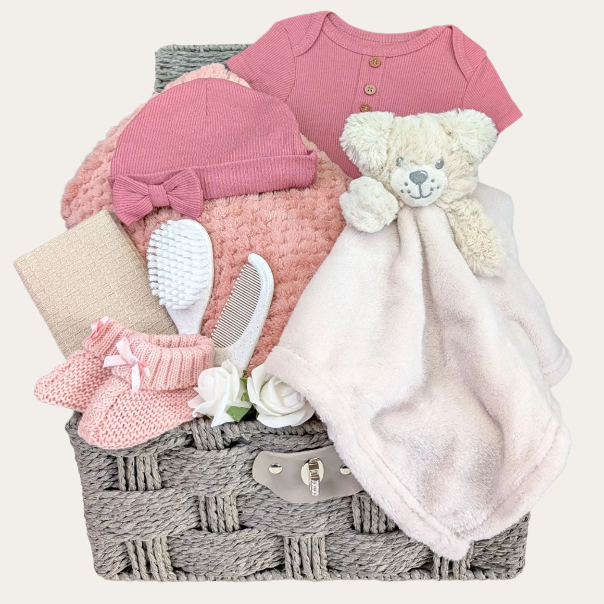 Newborn baby girl gifts hamper basket with dark pink clothes by Bumbles and Boo.
