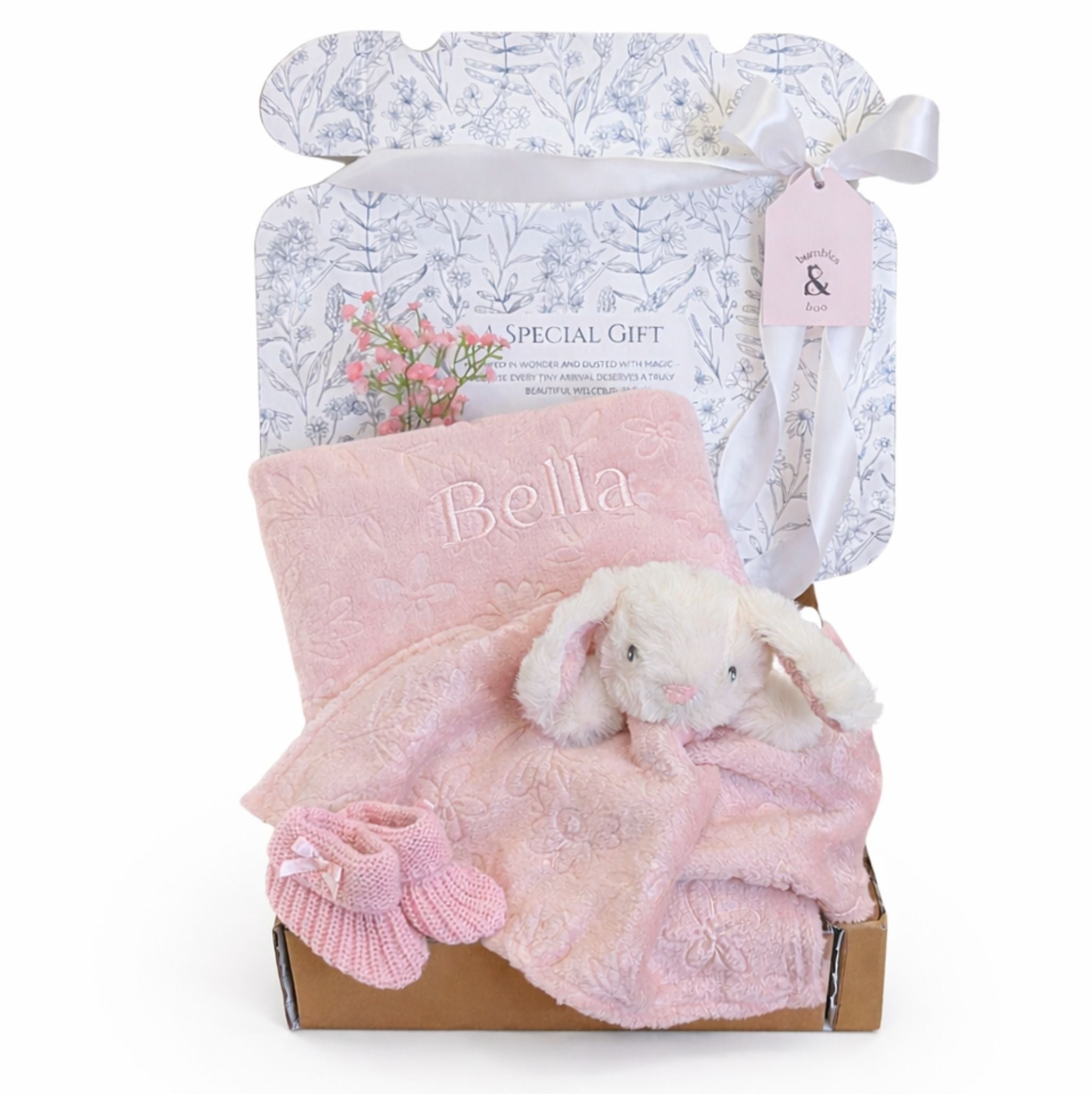 baby girl gift set with personalised baby blanket and matching bunny comforter in a postal box.