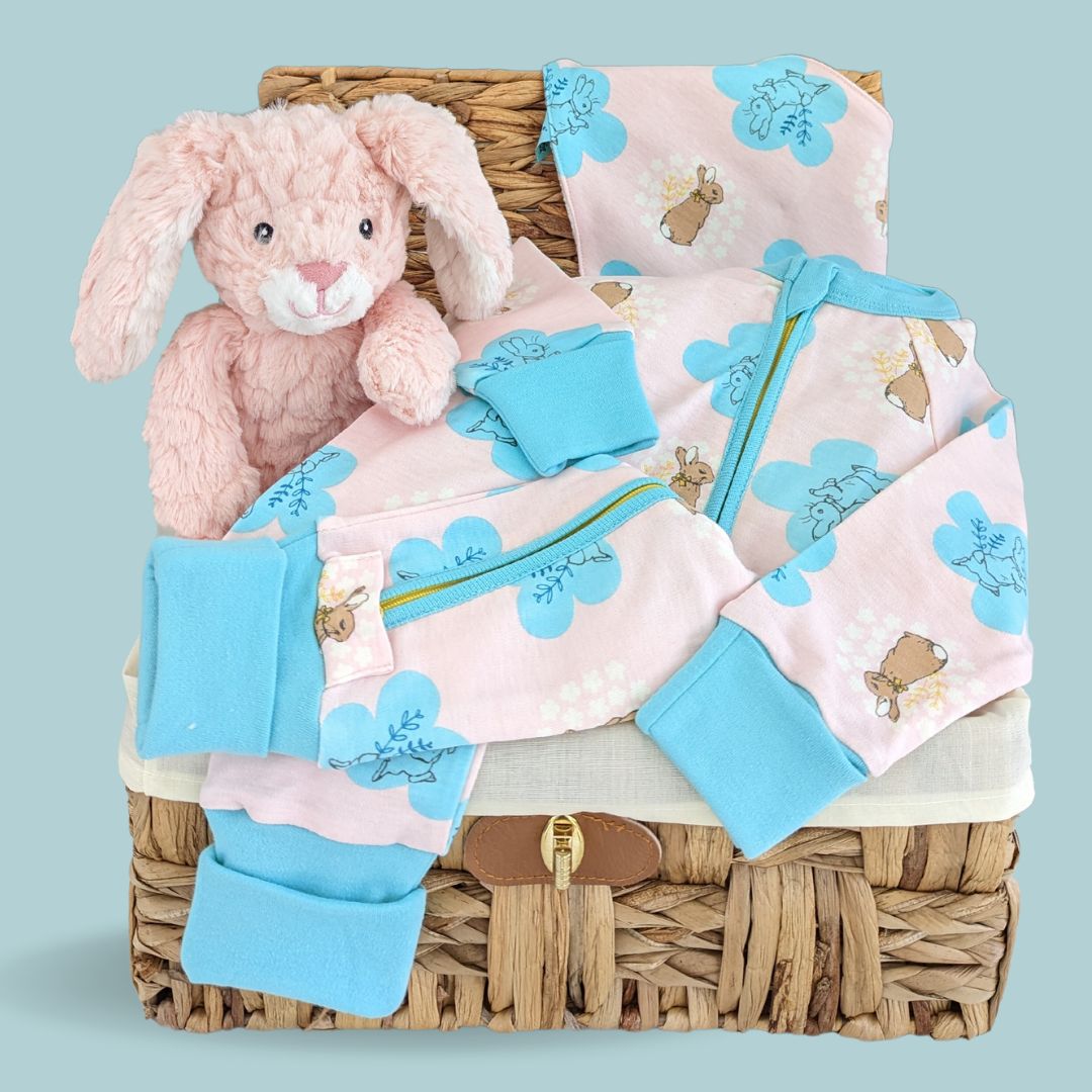 baby girl gift with flopsy bunny romper and bunny soft toy