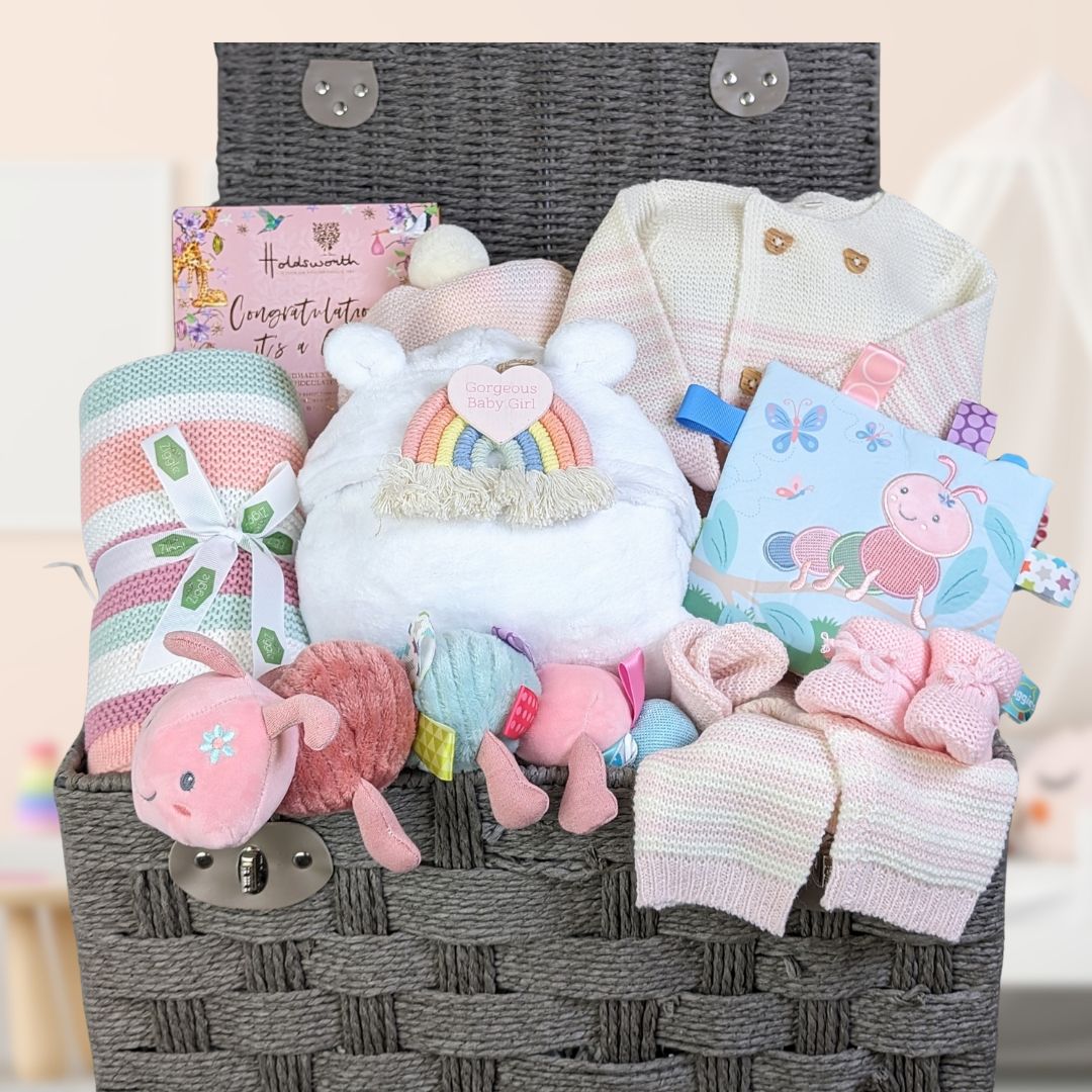 baby girl hamper gifts with clothing and caterpillar theme