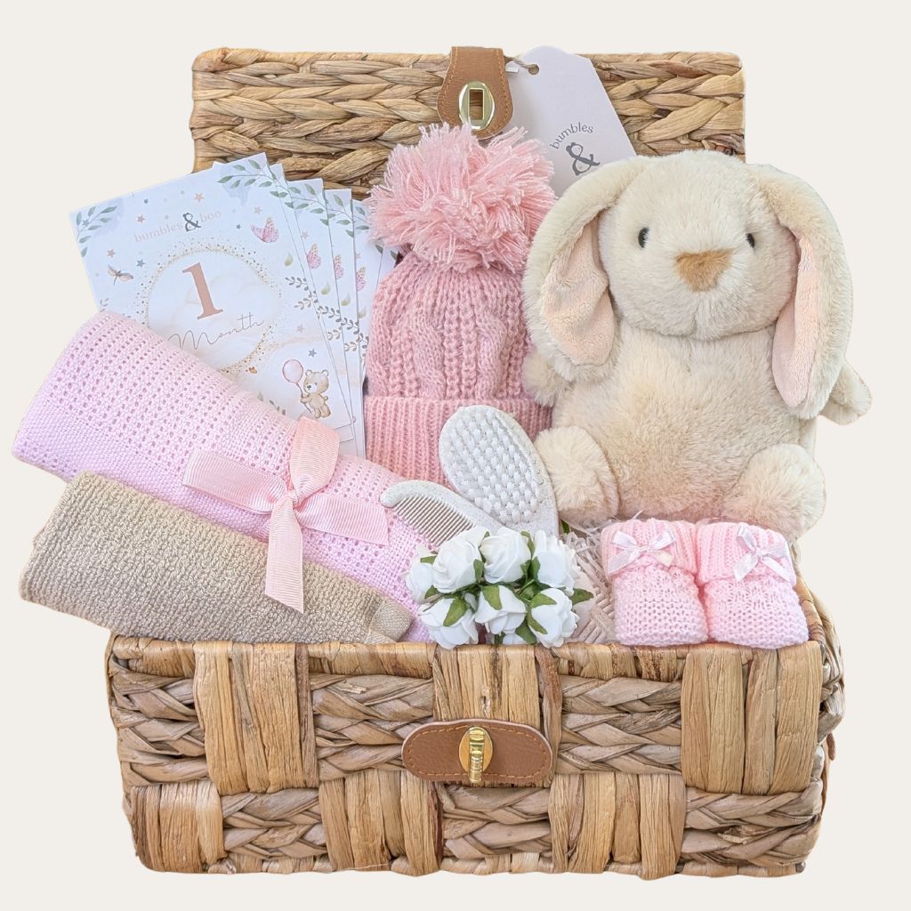 Blush Bunny Baby Girl Gifts Hamper with a soft bunny and baby blanket. 