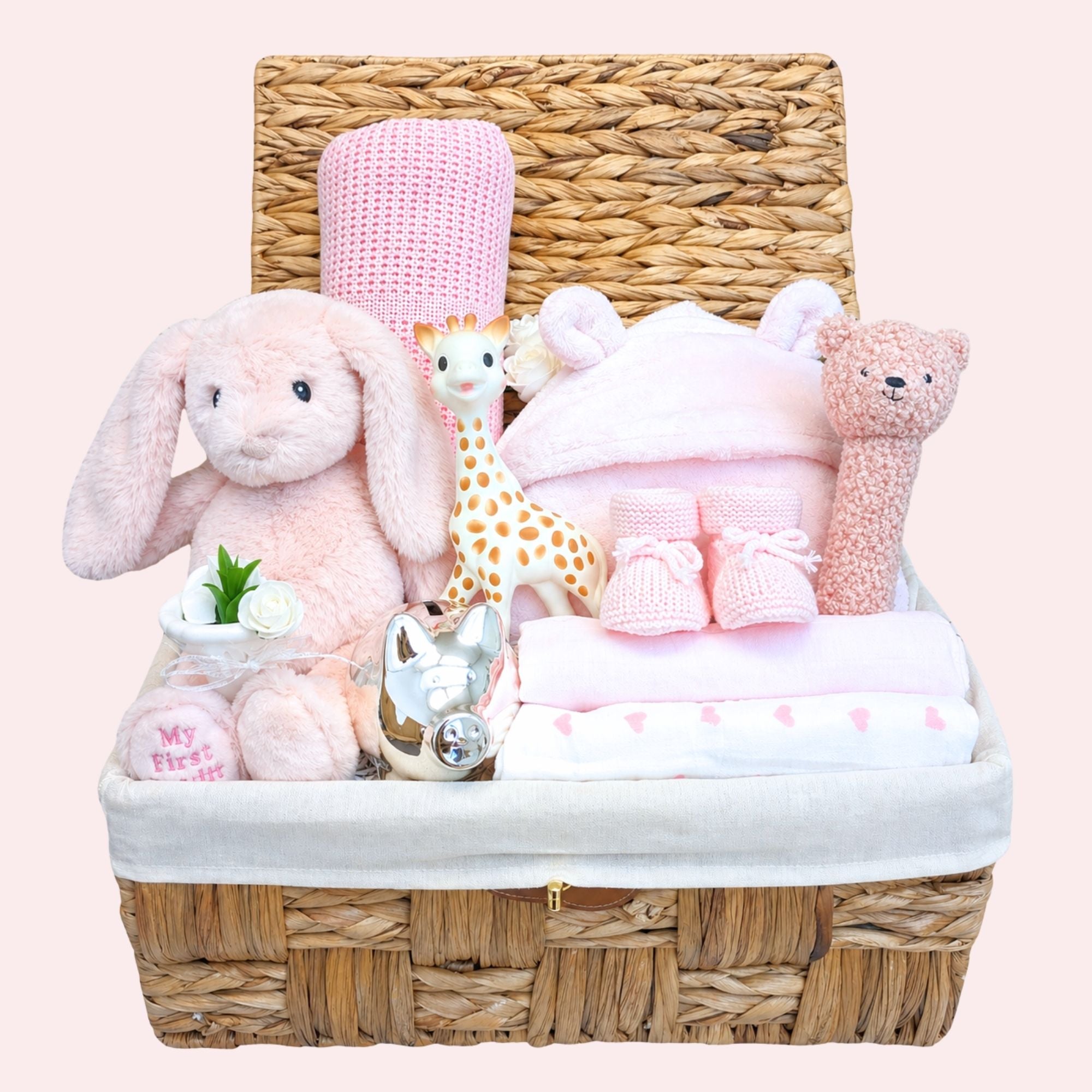 Baby girl gifts hamper basket with presents including pink bunny, cellular baby blanket, silver money box by Bumbles And Boo.