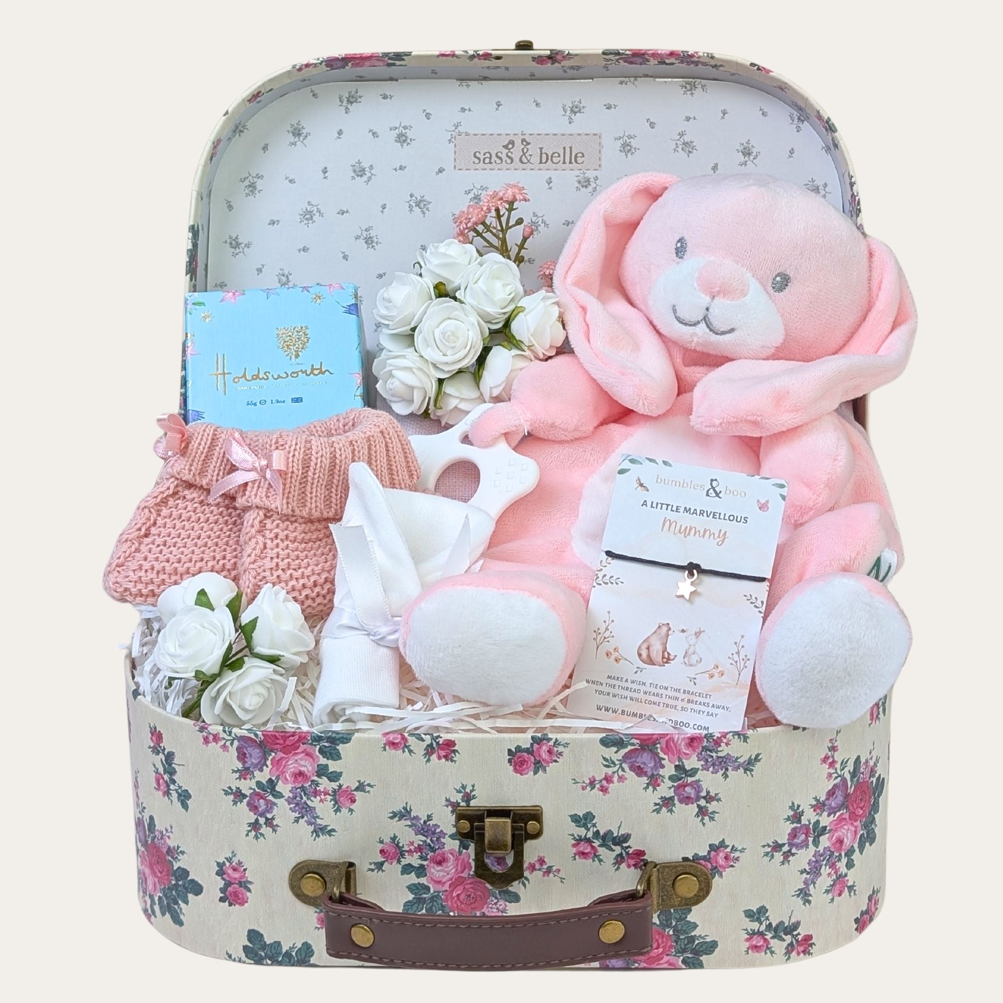 Baby girl gifts hamper with pink bunny comforter and chocolate present for mum. Bumbles and Boo.