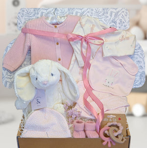 Baby girl gifts set in illustrated postal box, hamper contains pink bunny-themed clothing and white rabbit soft toy