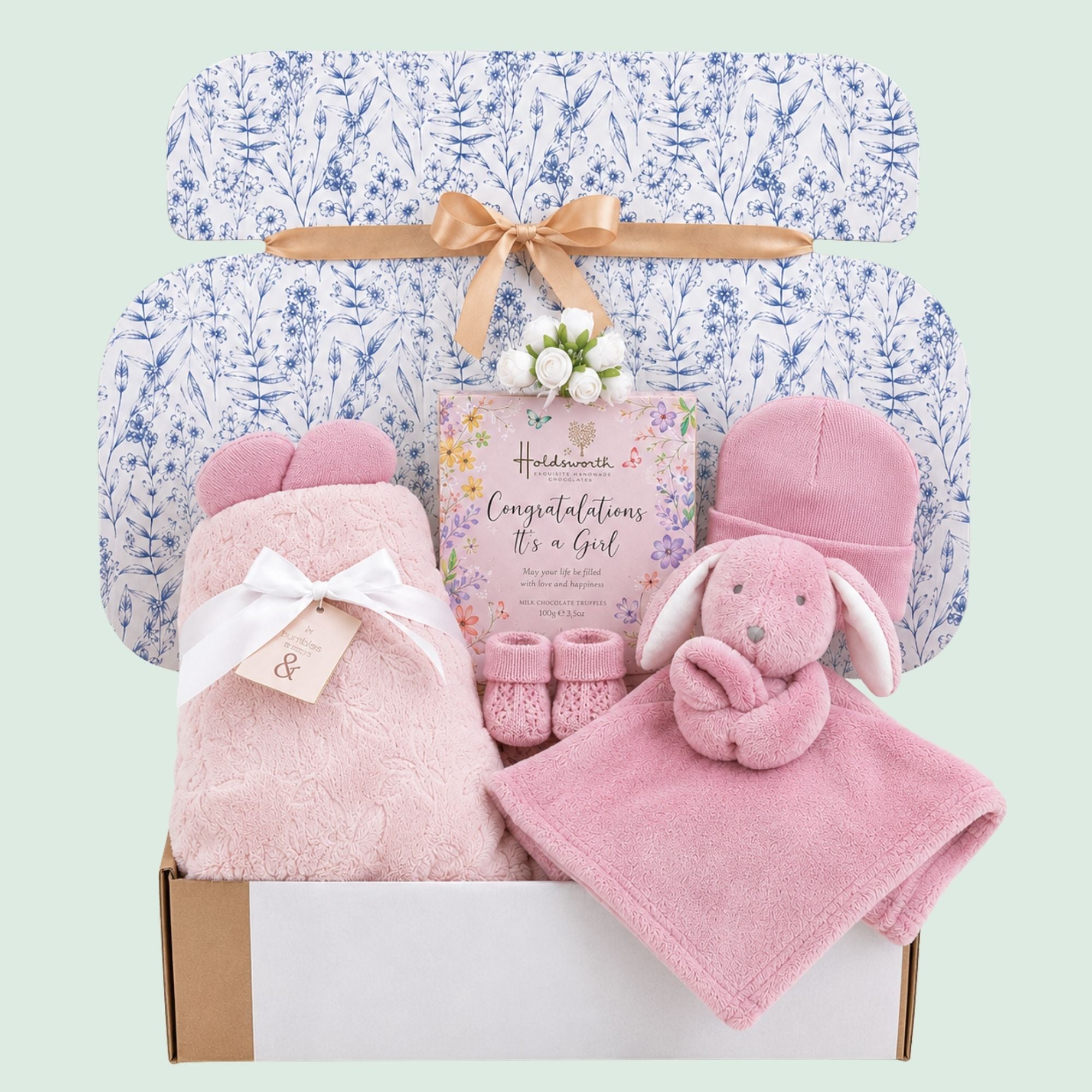 Baby girl gifts hamper box with presents including pink blanket and matching comforter