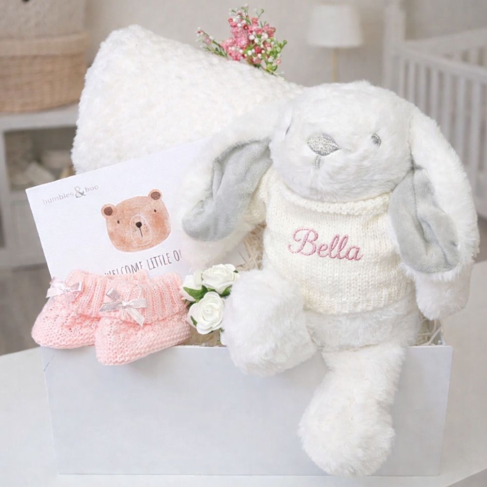 Baby girl gifts hamper box with personalised white bunny, blanket and pink booties